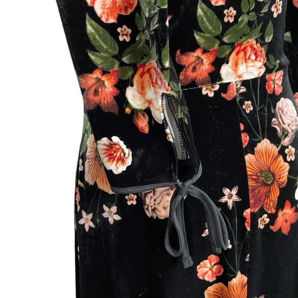 Topshop Velvet Flippy Dress Black Floral Dress Frill Neck Tie Wrist Long Sleeve - Picture 8 of 12